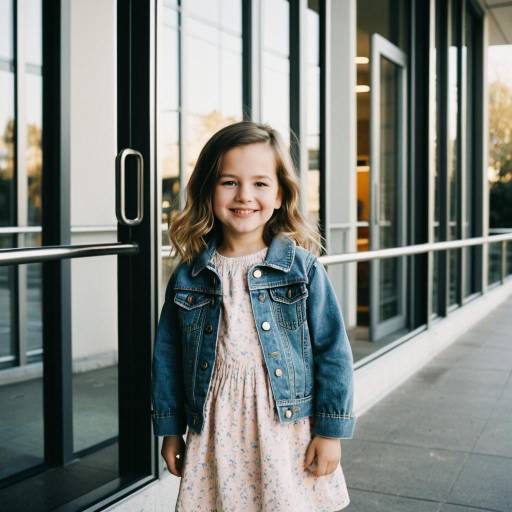 Smiling Toddler in Denim Jacket by Modern Building