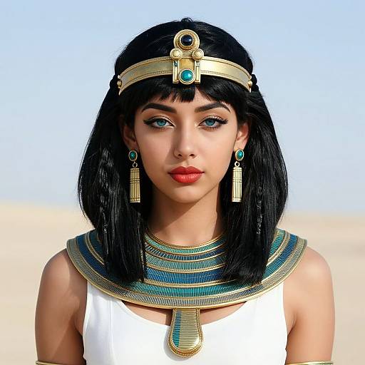 Digital artwork of a young woman with black bob haircut, blue eyes, red lips, wearing Egyptian-inspired gold headpiece, turquoise earrings, necklace, and