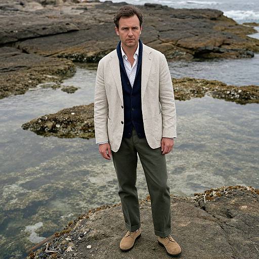 Man in Stylish Outfit by Rocky Coastline