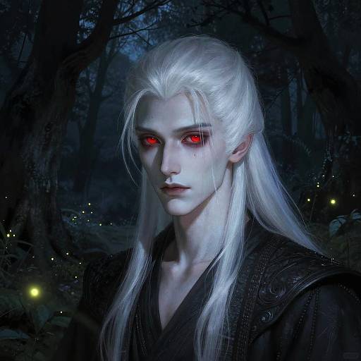 Digital artwork of a pale, white-haired man with glowing red eyes, wearing a dark robe, in a dark, eerie forest.