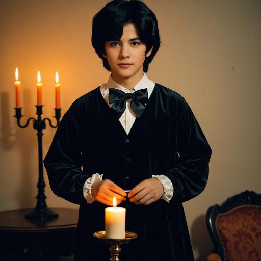 Young man in vintage black dress lighting candle