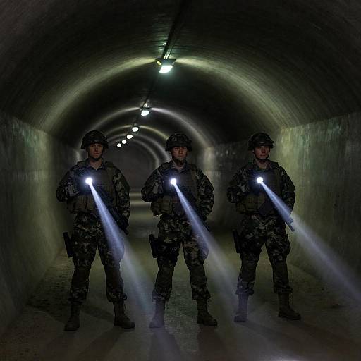 Three Soldiers in Curved Lit Tunnel