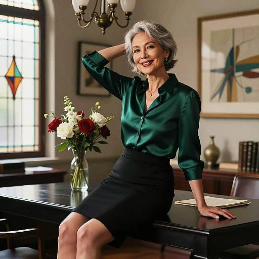 Photograph of a smiling middle-aged woman with short gray hair, wearing a green satin blouse and black skirt, sitting on a wooden desk with a flower