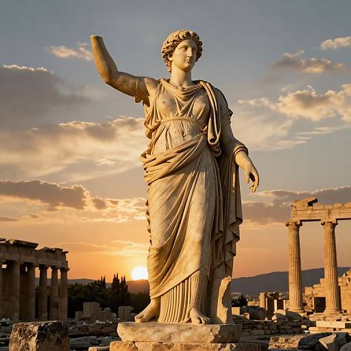 Photograph of a classical Greek statue of a robed woman with raised arm, set against a sunset sky and ancient ruins.