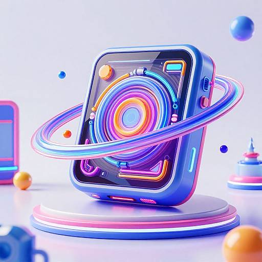 Neon-lit, futuristic digital artwork of a glowing smartphone encased in colorful, concentric rings, floating on a white platform with floating orbs.