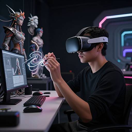 Photograph of a young man in a black shirt wearing a VR headset, drawing a glowing white light on a computer screen in a dark, neon-l