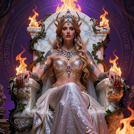 Digital artwork of a tattooed, blonde queen with a crown, gold and silver armor, white skirt, sitting on a fiery throne.