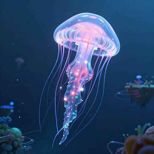 Photograph of a glowing, bioluminescent jellyfish with translucent, blue-tinted bell and long, flowing tentacles in a dark,