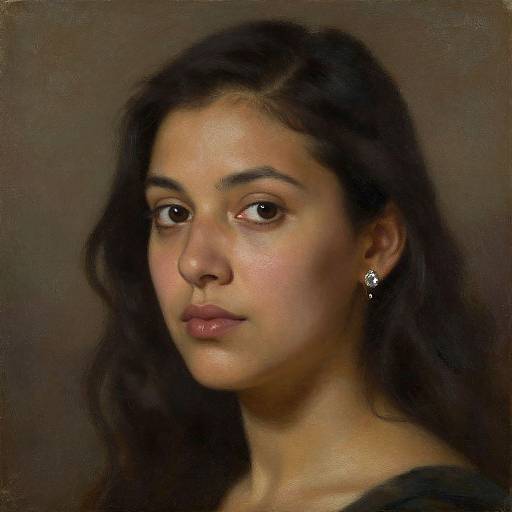 Photorealistic digital painting of a young woman with long, wavy dark hair, brown eyes, and a neutral expression, wearing a single earring