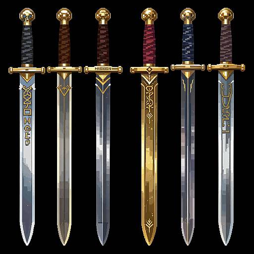 Photograph of five ornate swords with gold hilts and intricate designs, each with different colored grips (blue, red, black), against a black