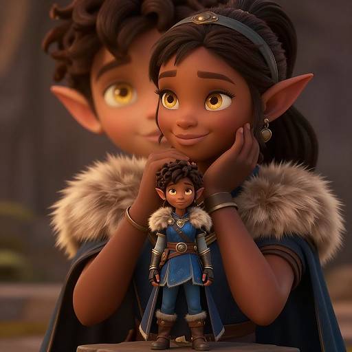 CGI image: Dark-skinned, elf-like woman with large yellow eyes and brown hair, gently holding a small, dark-skinned elf boy in