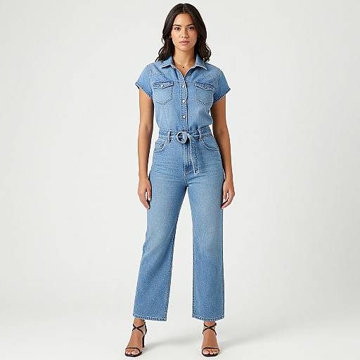 Photograph of a confident woman with medium brown skin and black wavy hair, wearing a light blue denim jumpsuit and brown sandals, standing against a