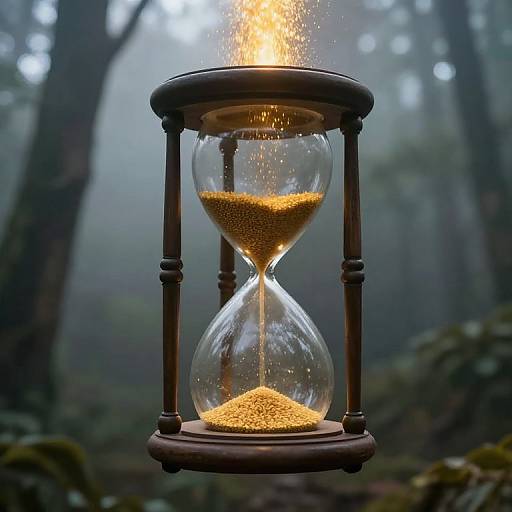 Photograph of a wooden hourglass with glowing sand, suspended in a misty forest, backlighting illuminating the falling golden sand.