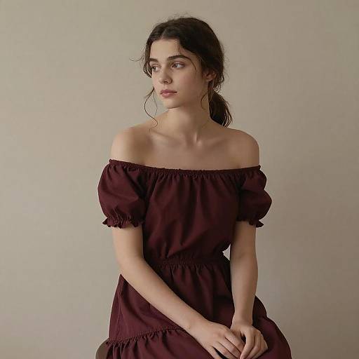 Young Woman in Burgundy Dress Sitting
