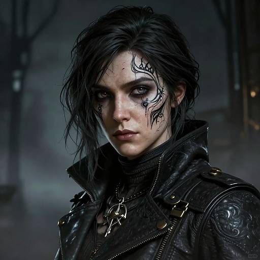 Digital artwork of a dark-haired woman with black face paint, wearing a black leather jacket, in a foggy, dystopian background.