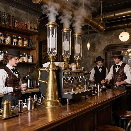 Victorian-era coffee shop photograph: Three men in vests and bowler hats, steampunk coffee machines, wooden counter, steam rising, dimly