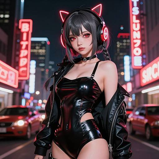 Digital art of an anime-style woman in a black leather outfit with cat ear headphones, standing in a neon-lit city street at night.
