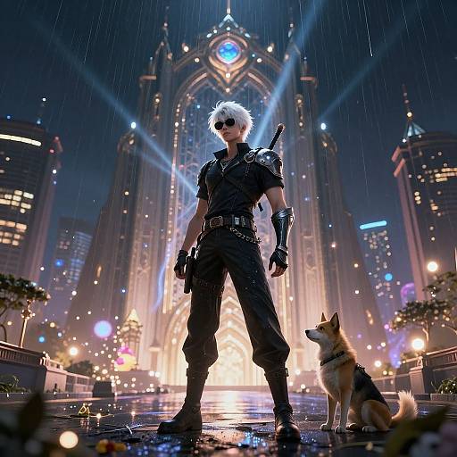 Digital artwork of a white-haired, sunglasses-wearing, muscular man in black tactical gear with a sword, standing in a rainy, neon-lit city