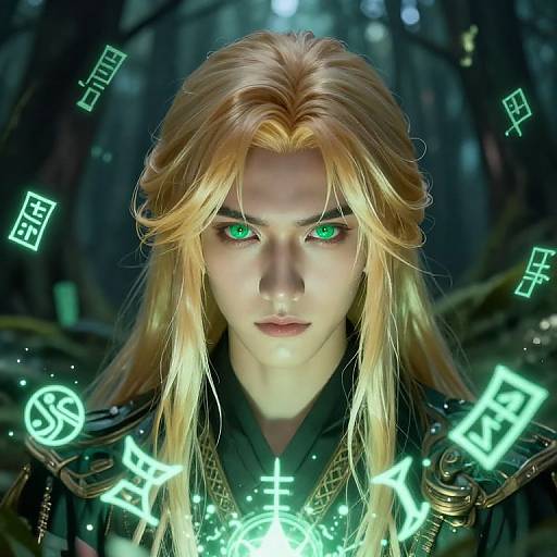 Digital artwork of a blonde man with glowing green eyes, surrounded by neon runes, in a dark, mystical forest. Intense expression, futuristic fantasy style