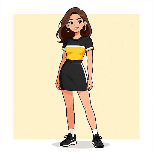 Digital cartoon of a smiling young woman with brown hair, wearing a yellow and black dress, hoop earrings, white socks, and black sneakers, standing against