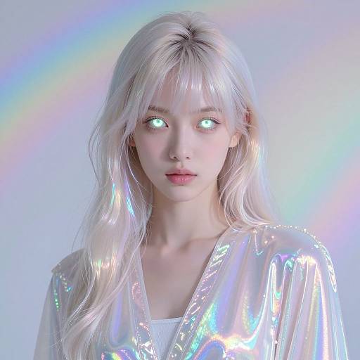 Photograph of a pale-skinned, blonde woman with glowing white eyes, wearing a reflective silver top, set against a rainbow-hued background.