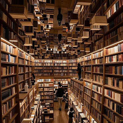 Photograph of a grand, warmly lit library with towering shelves of books, illuminated by spotlights, featuring several people browsing and reading.