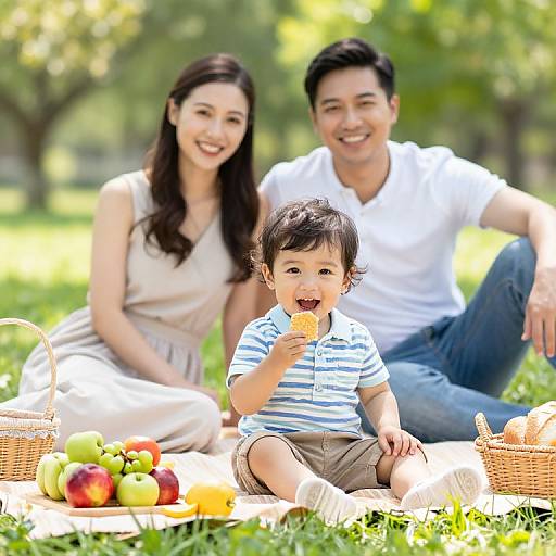 Photograph of an Asian family picnicking outdoors; smiling mother, father, and young son with curly hair eating a sandwich, surrounded by baskets of