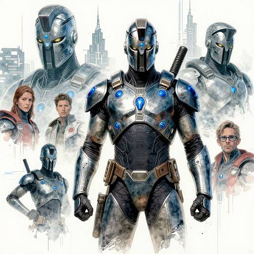 Digital artwork of a blue-accented, armored superhero with glowing yellow eyes, surrounded by five human characters in futuristic military attire.