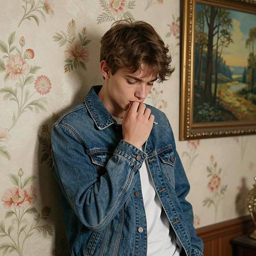 Contemplative Young Man in Denim Jacket