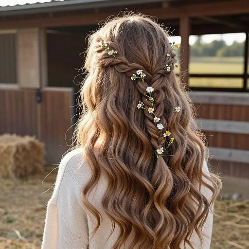 Photograph of a woman with long, wavy, brown hair, braided with white and yellow wildflowers, seen from behind, wearing a white