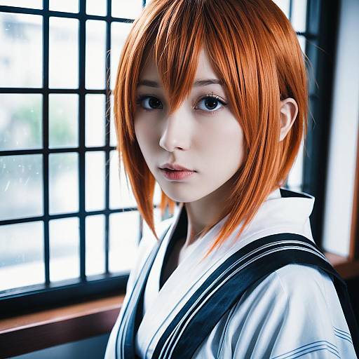 Young Woman in Traditional Japanese Clothing by Window