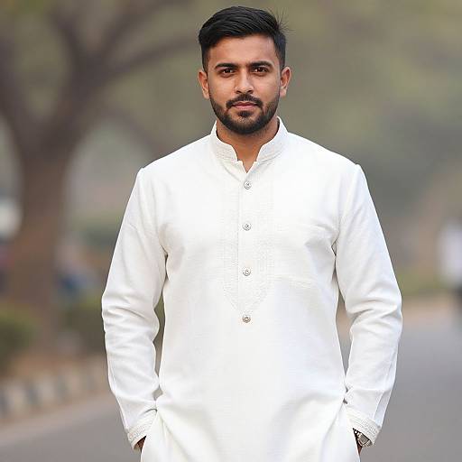 Photograph of a bearded South Asian man with short black hair, wearing a white traditional long-sleeve kurta, standing outdoors with a blurred