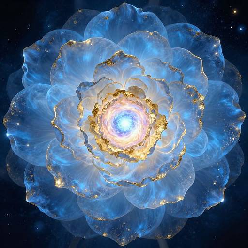 Digital artwork of a glowing, blue, translucent flower-like structure with a bright, white core and golden edges against a dark, starry background.