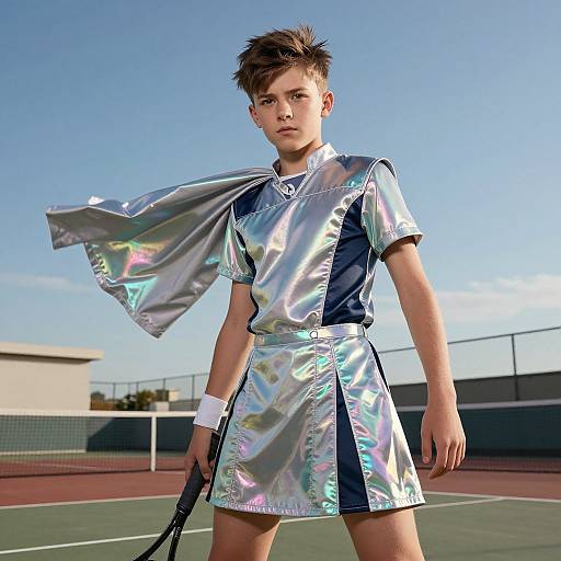 Young boy with spiked brown hair wears shiny silver and black tennis outfit, holding racket, on outdoor tennis court with clear blue sky. Photorealistic CGI