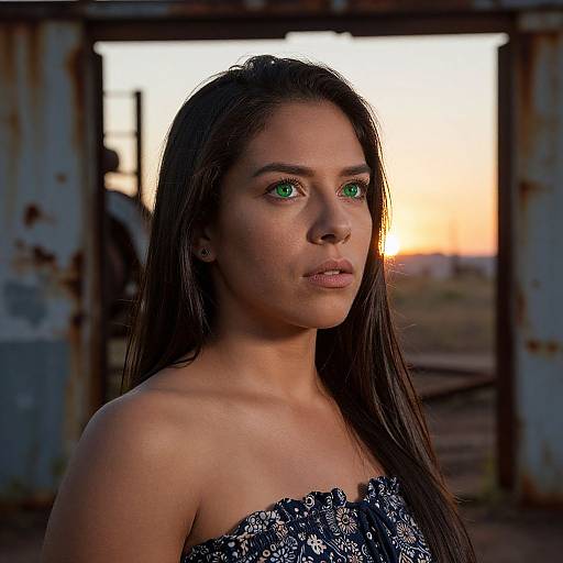 Photograph of a young woman with long dark hair, green eyes, and a strapless black floral dress, standing in a sunlit, rusted