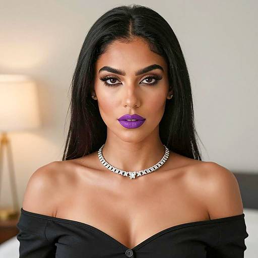 Elegant Woman with Purple Lipstick and Diamond Necklace