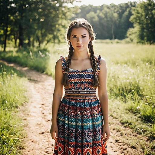 Young Woman with Side Braids in Colorful Dress Outdoors