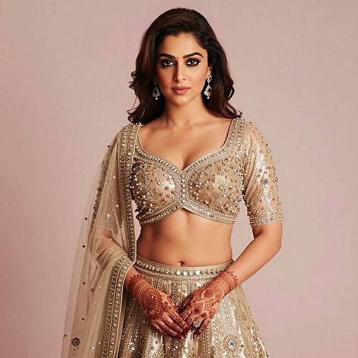 Photograph of an Indian woman with medium brown skin, dark wavy hair, wearing a gold-embellished traditional lehenga and crop top,