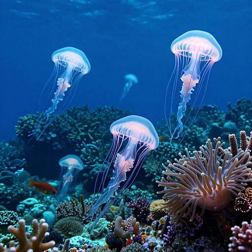 Photograph of glowing blue jellyfish floating above vibrant coral reef with diverse sea anemones and colorful corals in a deep blue ocean.