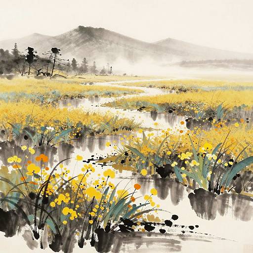 Serene Japanese Sumi-e Dawn Landscape