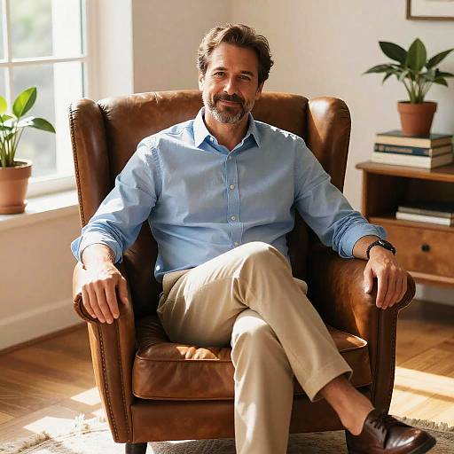 Photograph of a bearded middle-aged man with dark hair, wearing a light blue shirt and beige pants, sitting in a brown leather armchair in