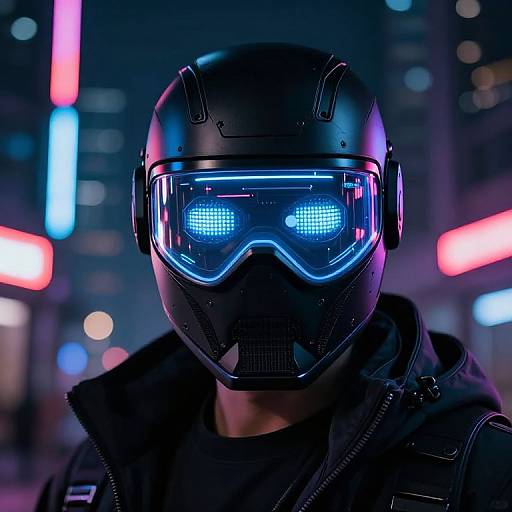 Photograph of a person in a black helmet with glowing blue visor, black tactical gear, in a neon-lit urban night scene.