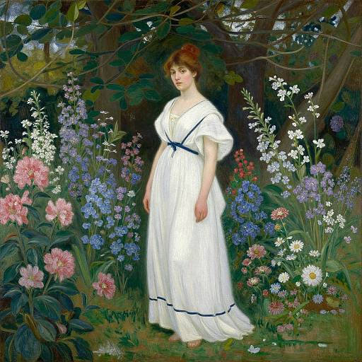 Victorian-style painting of a fair-skinned woman with red hair in a white dress, standing among vibrant flowers in a lush garden.