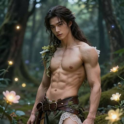 Photorealistic digital art of a muscular, shirtless, dark-haired forest elf with flower adornments, wearing leafy loincloth and belt,