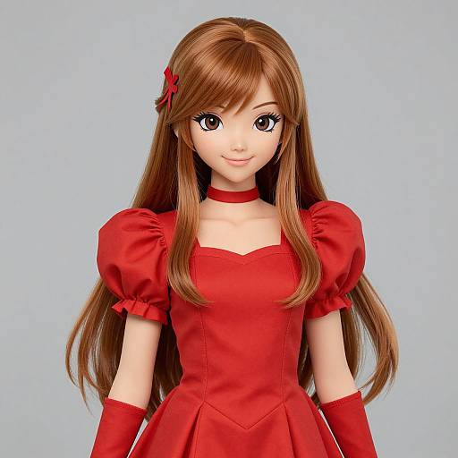 Digital anime-style drawing of a young woman with long brown hair, large brown eyes, wearing a red dress with puffed sleeves, red choker,