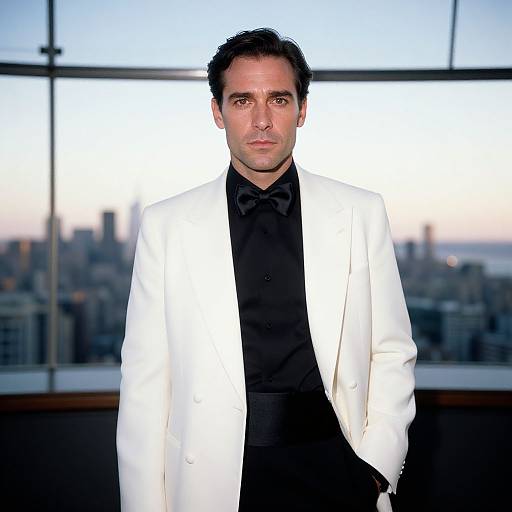 Photograph of a handsome man with short dark hair, wearing a white tuxedo jacket over a black shirt and bow tie, standing in front of