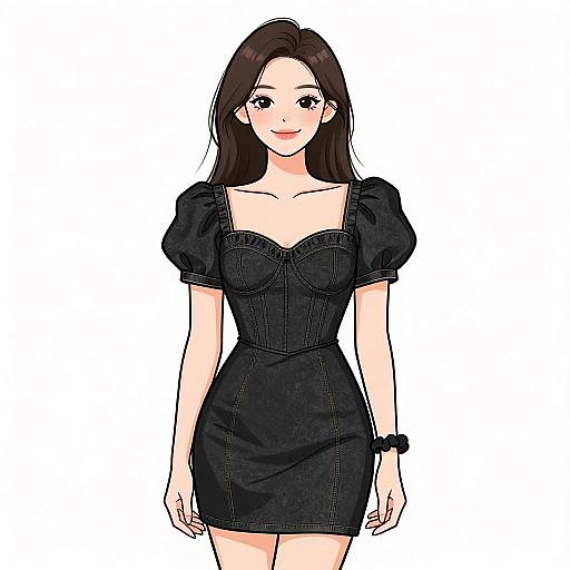 Digital anime-style drawing of a slender, fair-skinned woman with long dark brown hair, wearing a black, puffed-sleeve, strapless