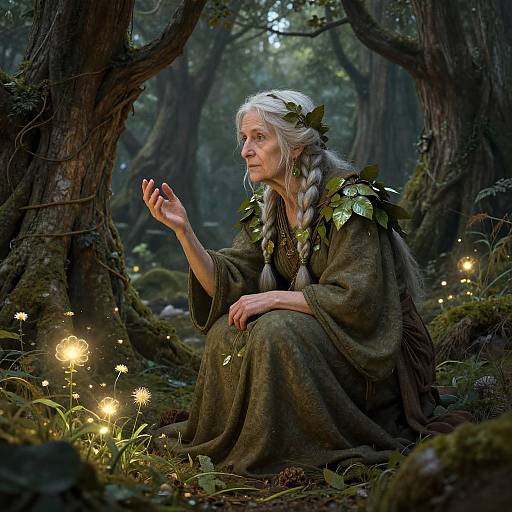 Photograph of an elderly white woman with long white hair in a forest, wearing a green leafy cloak, surrounded by glowing flowers, holding a small