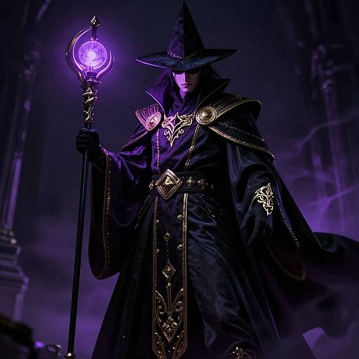 Mysterious wizard in black robe and hat, holding glowing purple staff, illuminated by mystical light, in dark, gothic cathedral. Digital art.