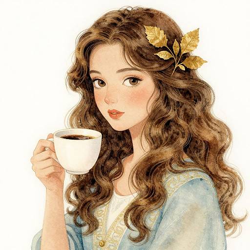 Digital illustration of a beautiful woman with wavy brown hair, golden leaf headpiece, blue robe, holding a white coffee cup, soft smile, white